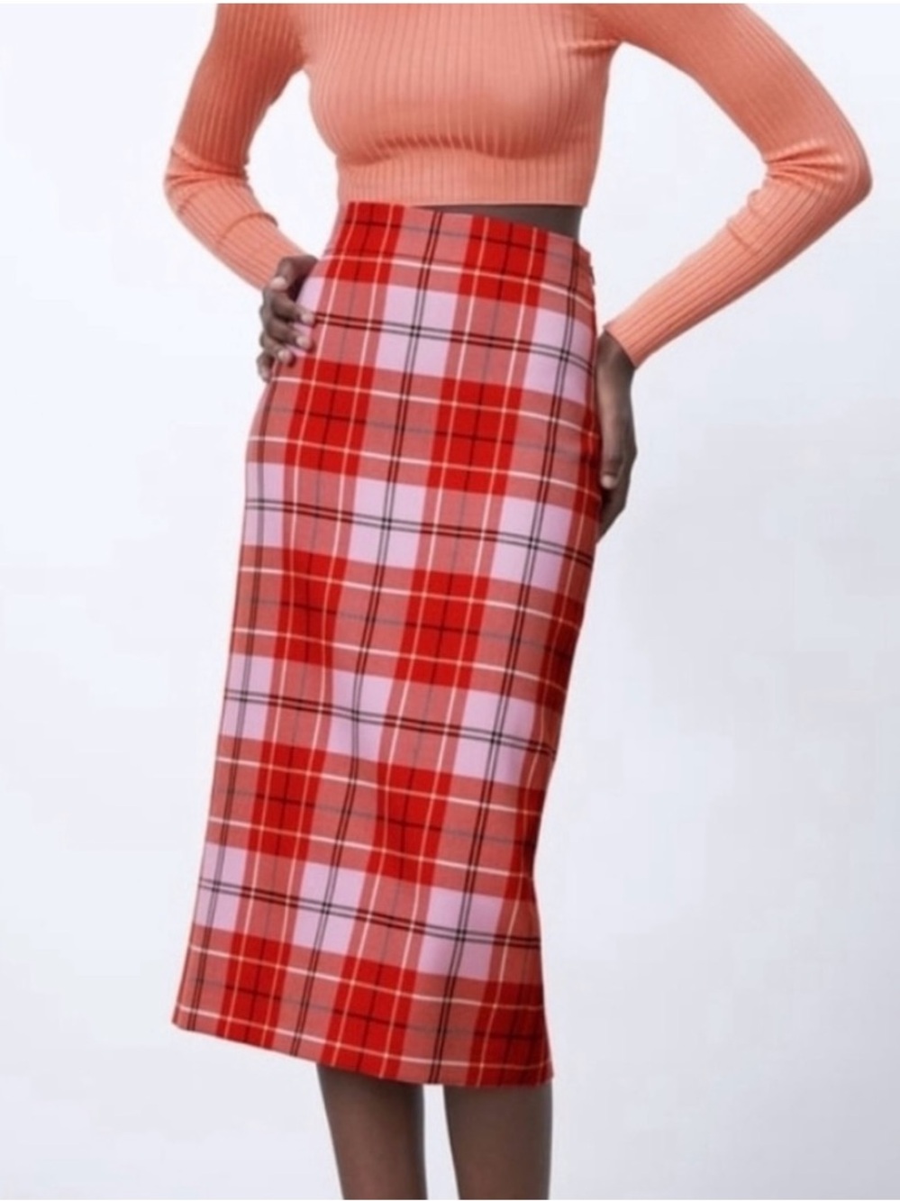 Zara Red and Pink Plaid Midi Pencil Skirt